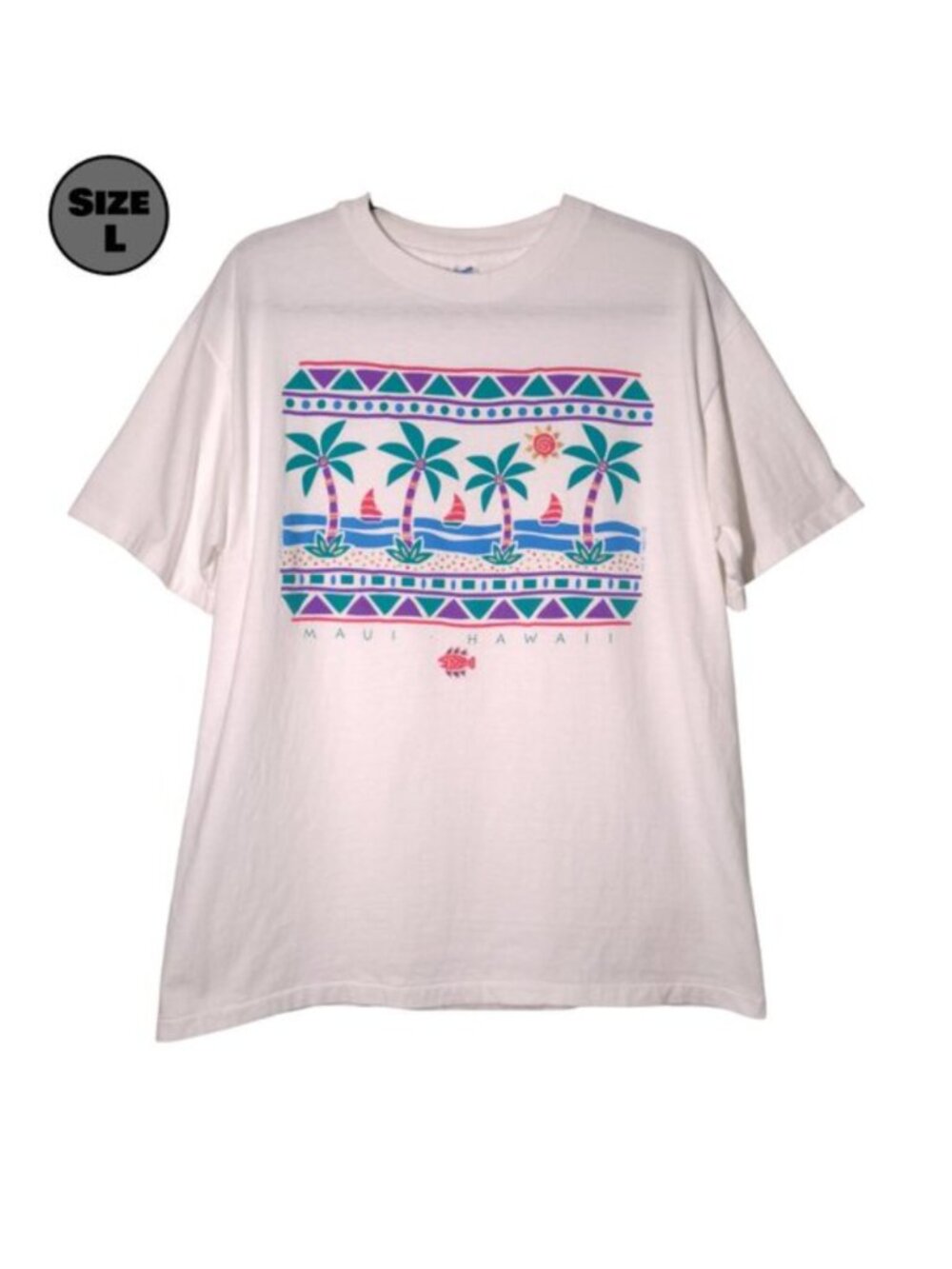 VINTAGE Maui, Hawaii Beach with Palm Trees & Boats USED Shirt (L, Single Stitch)